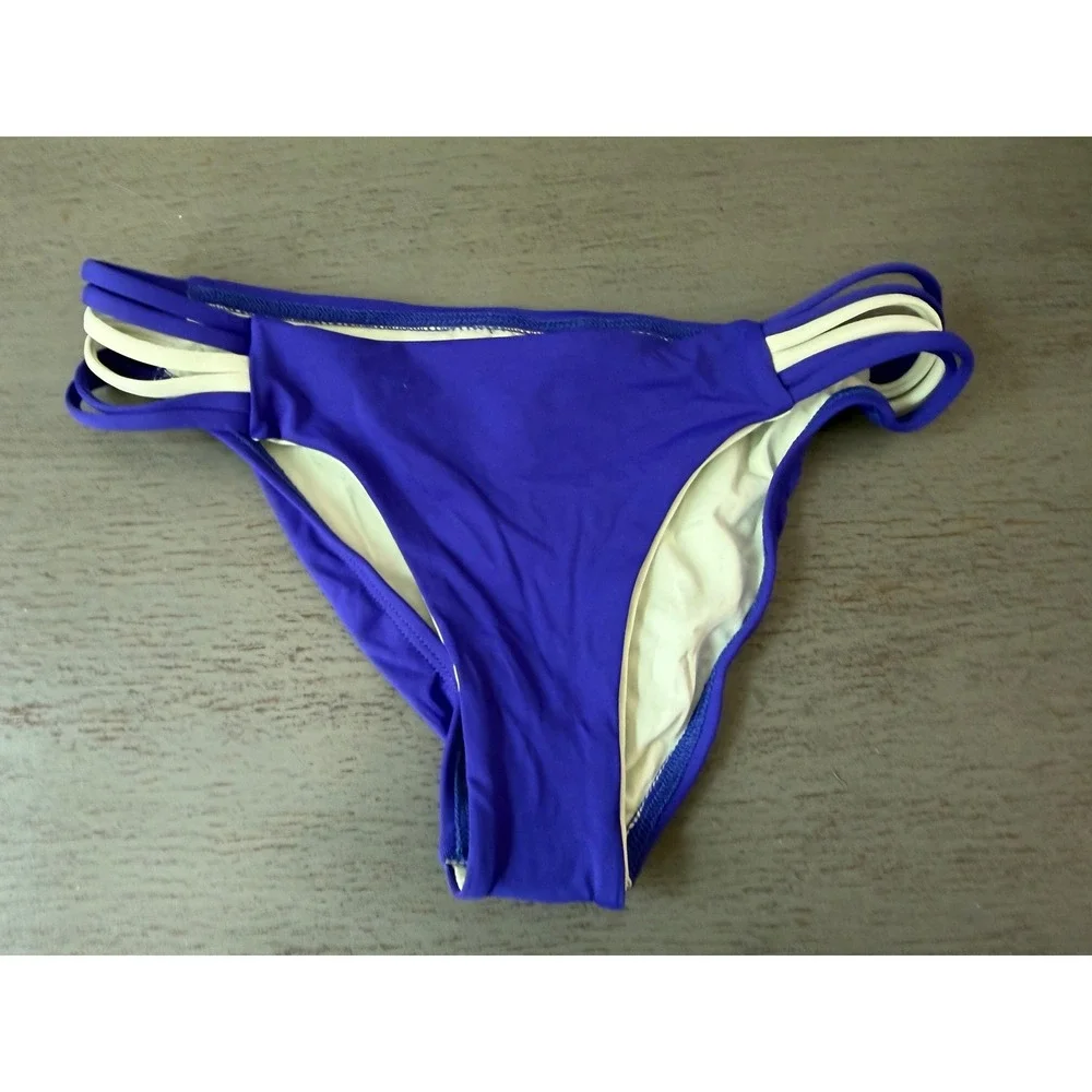 L*Space Royal Blue White Strappy Side Full Cut Bikini Bottom XS CA28492